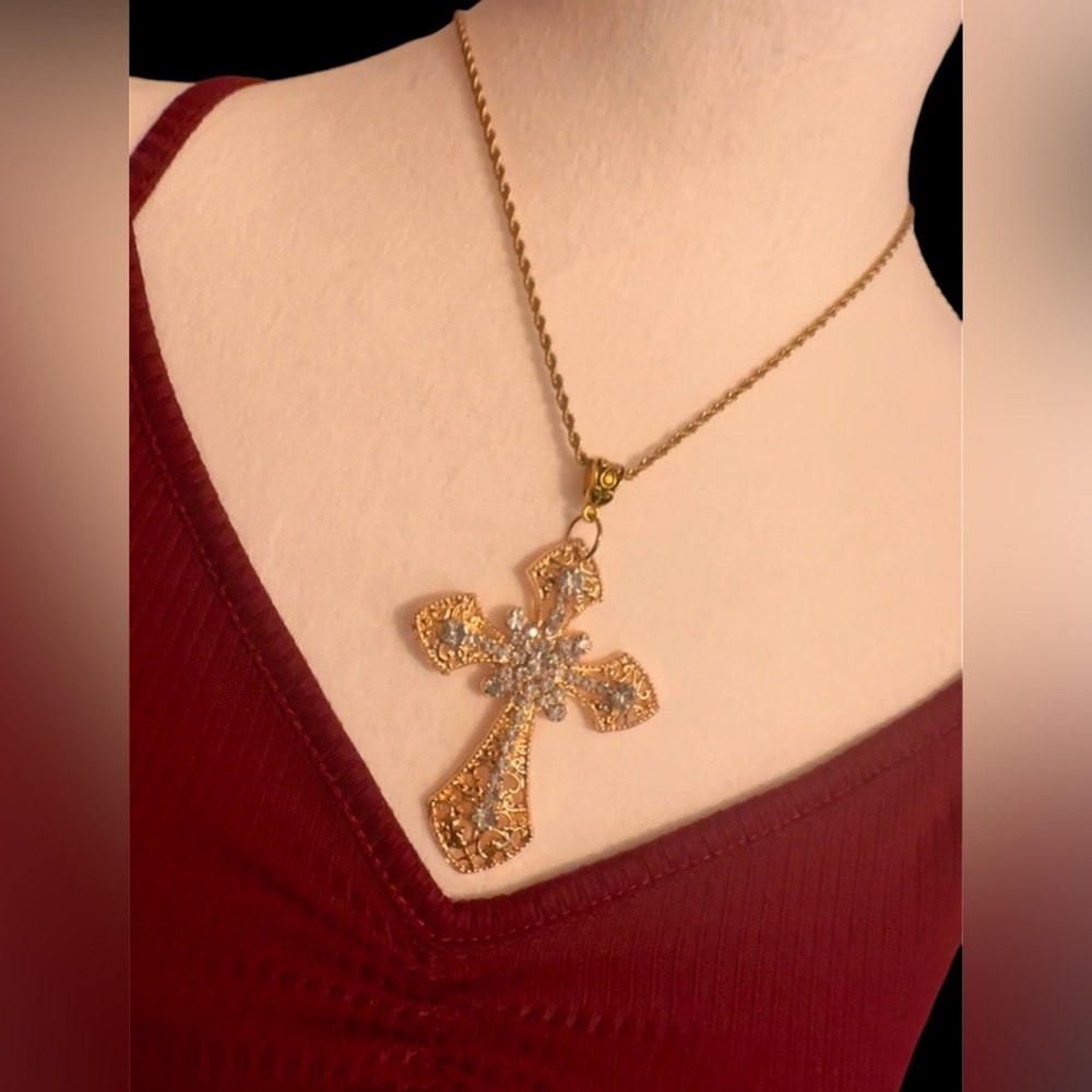 Handmade Victorian Gothic Cross Necklace Crystal Large Gold Tone Statement Piece